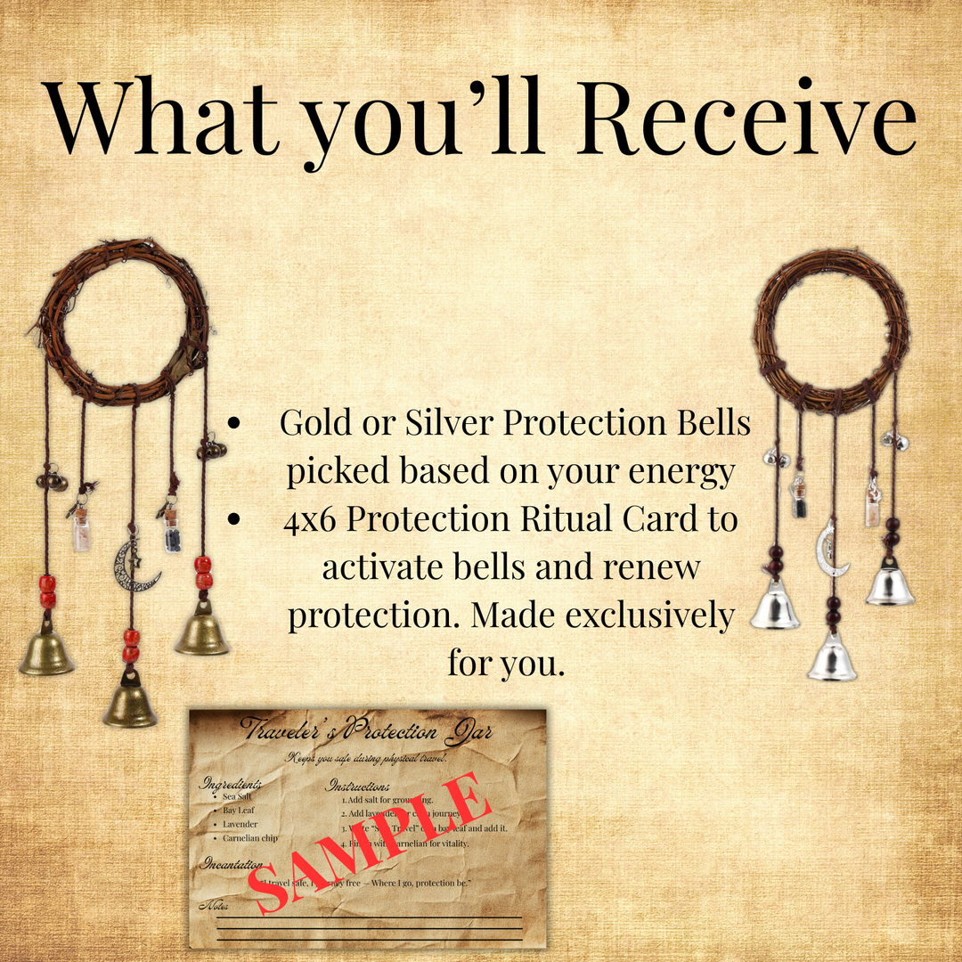 Intuitively Picked Protection Bells – Handmade Witch Bells for Home Protection, Doorway Bells, Energy Cleansing + Ritual Activation Card